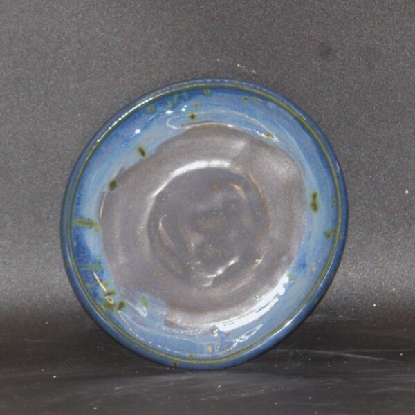 a plate that has a light blue rim and a grey blue center